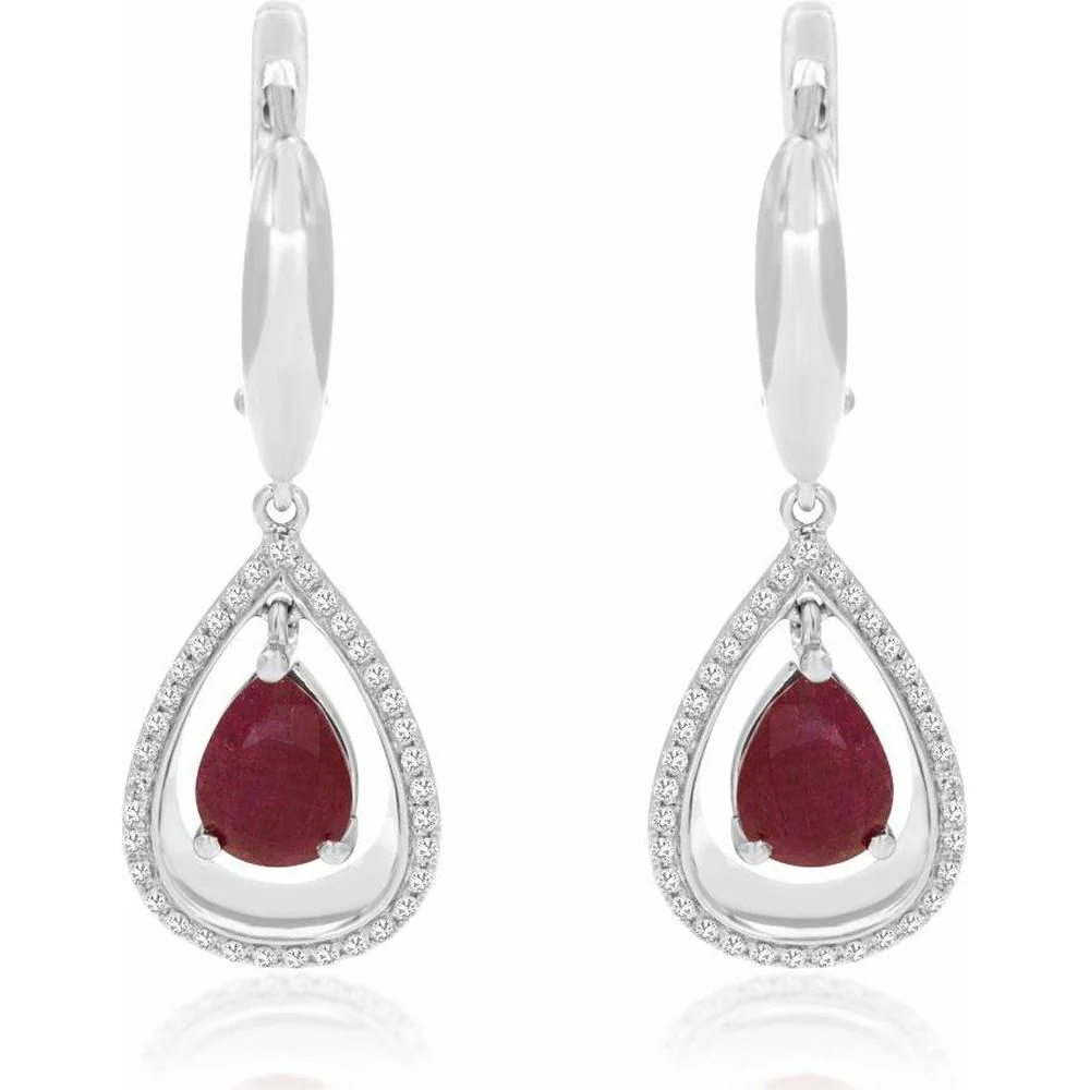 14K White Gold Drop Earrings with Pear-Shaped Rubies and Diamond Halo - 3.00 Carats Total Ruby Weight, 0.30 Carats Total Diamond Weight - Royal Jewelry