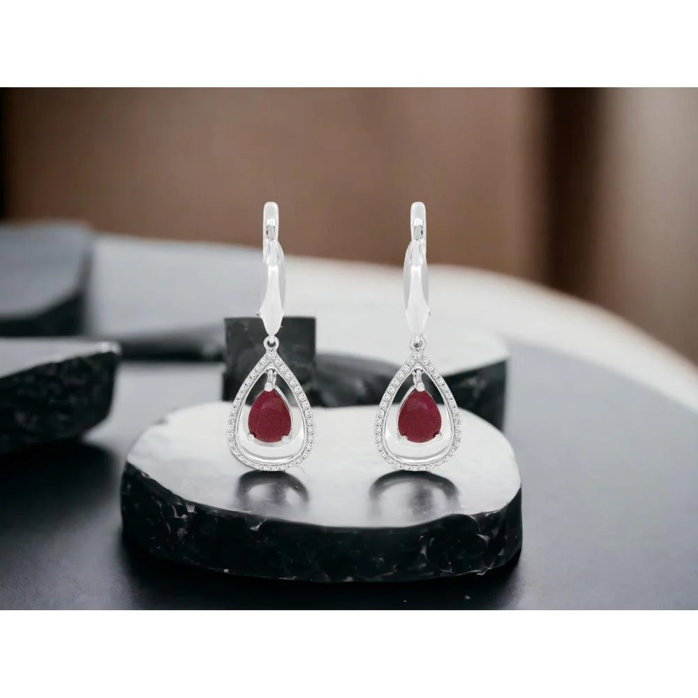 14K White Gold Drop Earrings with Pear-Shaped Rubies and Diamond Halo - 3.00 Carats Total Ruby Weight, 0.30 Carats Total Diamond Weight - Royal Jewelry - Image 2