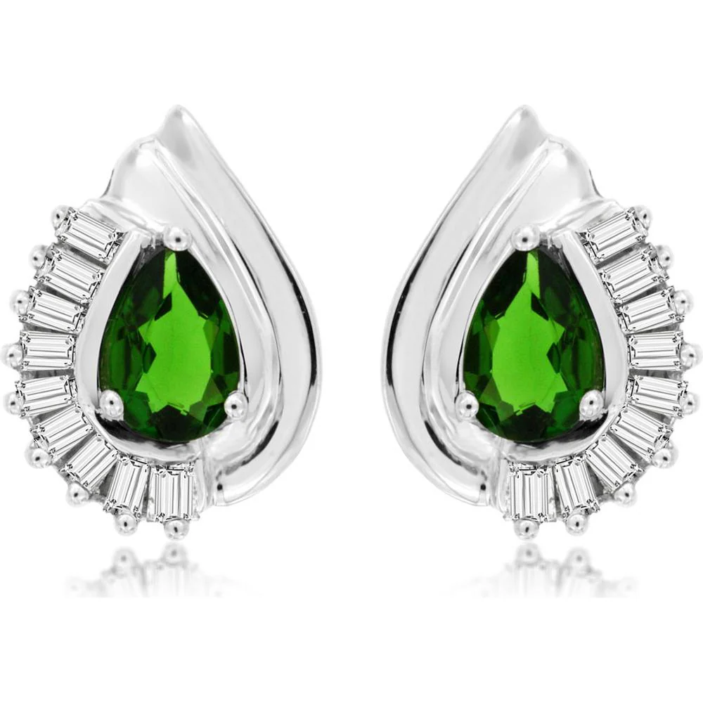 14K White Gold Drop Earrings with Pear-Shaped Russalite and Baguette Diamonds - 1.20 Carats Total Gemstone Weight - Royal Jewelry