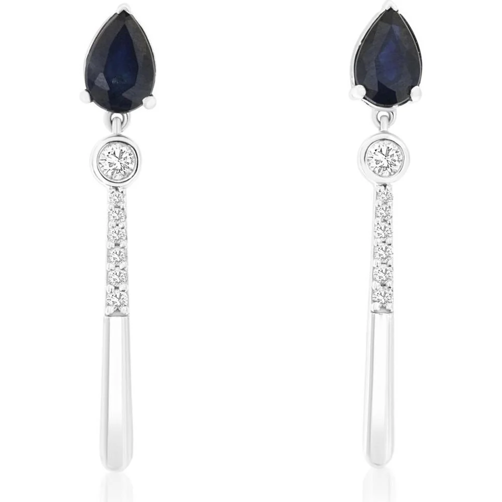 14K White Gold Drop Earrings with Pear Shaped Sapphires and Round Diamonds - 1.00 Carat Total Sapphire Weight and 0.14 Carat Total Diamond Weight - Royal Jewelry