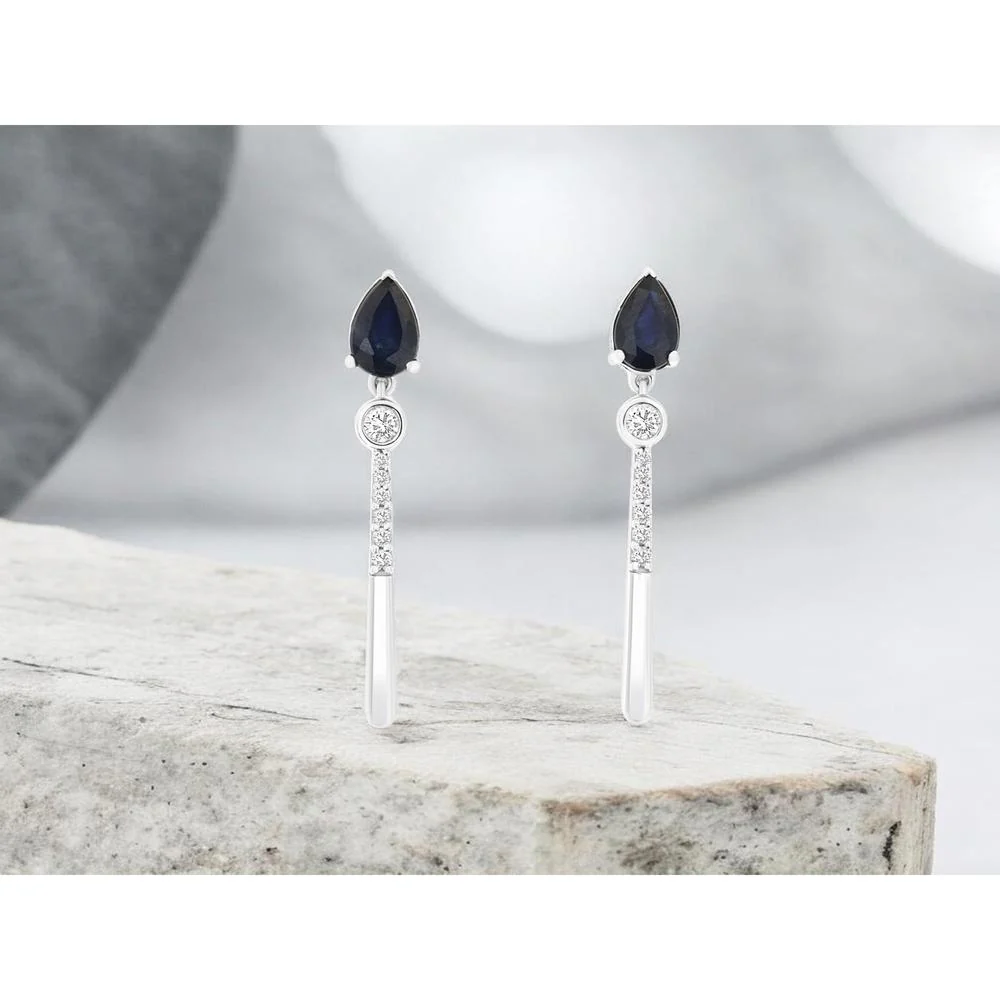 14K White Gold Drop Earrings with Pear Shaped Sapphires and Round Diamonds - 1.00 Carat Total Sapphire Weight and 0.14 Carat Total Diamond Weight - Royal Jewelry - Image 2