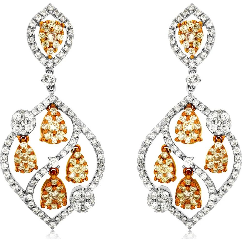 14K White Gold Drop Earrings with Pear-Shaped Yellow and White Diamonds - 2.45 Carats Total Diamond Weight - Royal Jewelry