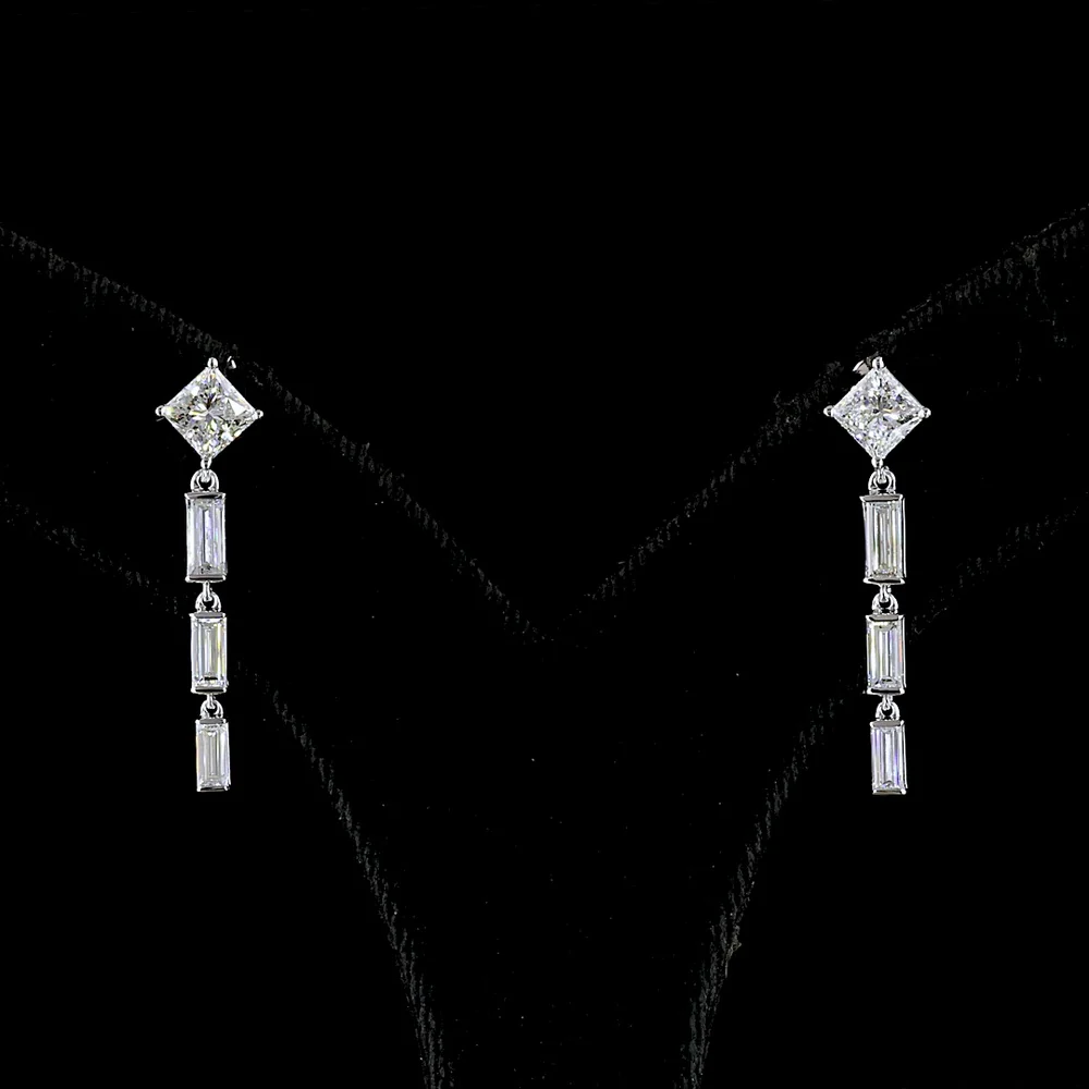 14K White Gold Drop Earrings with Princess Cut and Baguette Lab Diamonds - 2.03 Carat Total Diamond Weight - Covaloro Fine Jewelry