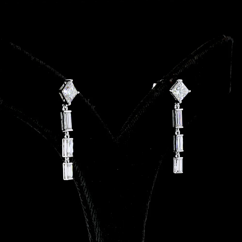 14K White Gold Drop Earrings with Princess Cut and Baguette Lab Diamonds - 2.03 Carat Total Diamond Weight - Covaloro Fine Jewelry - Image 3