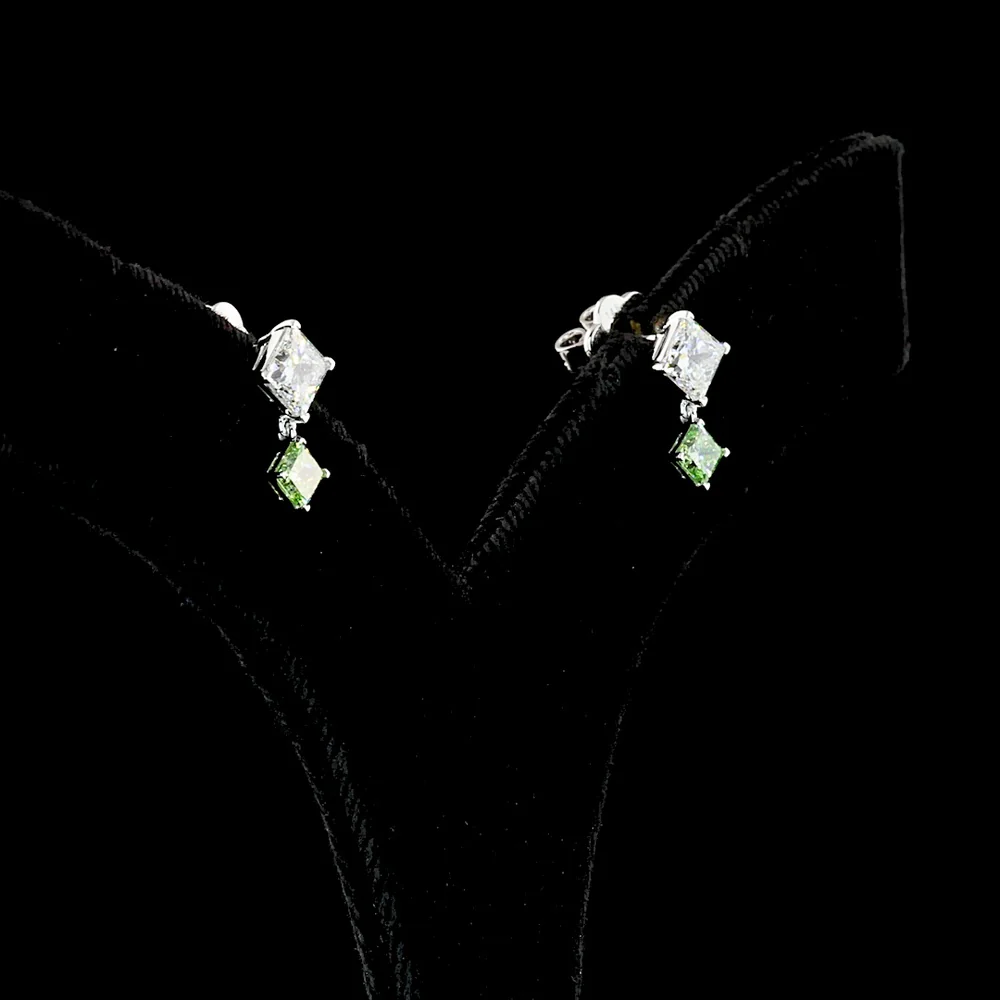 14K White Gold Drop Earrings with Princess Cut Lab Diamonds in White and Fancy Vivid Green - 1.77 Carat Total Weight - Covaloro Fine Jewelry - Image 2