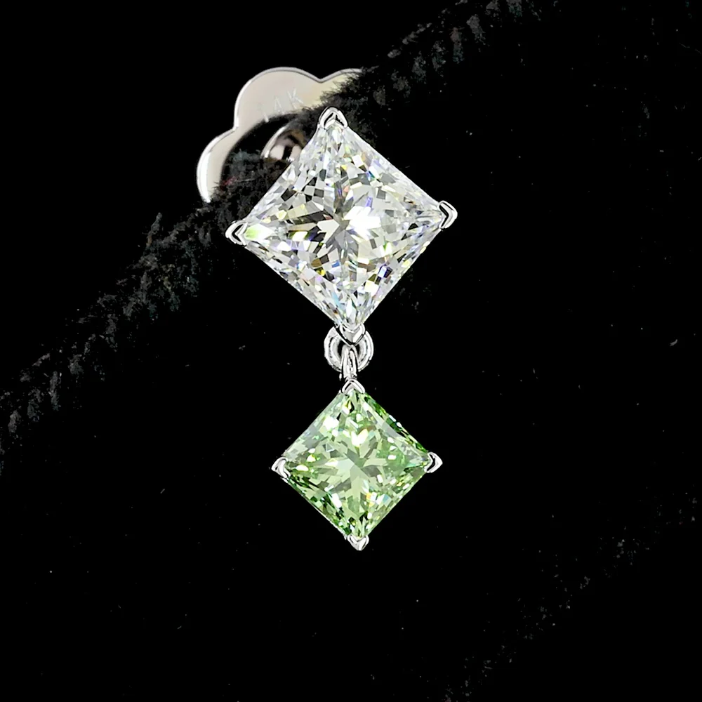 14K White Gold Drop Earrings with Princess Cut Lab Diamonds in White and Fancy Vivid Green - 1.77 Carat Total Weight - Covaloro Fine Jewelry - Image 3