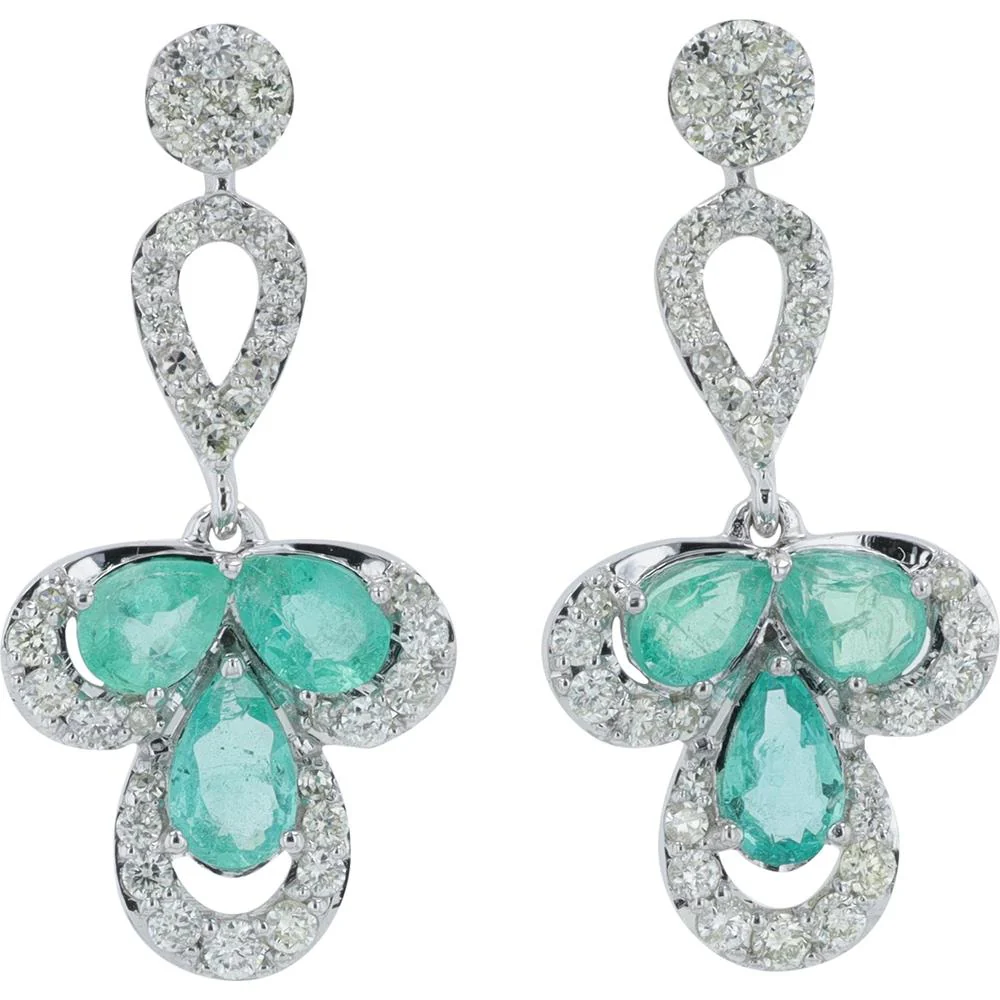14K White Gold Drop Earrings with Prong Set Pear - Shaped Emeralds and Diamond Halo - 0.90 Carat Total Emerald Weight, 0.50 Carat Total Diamond Weight