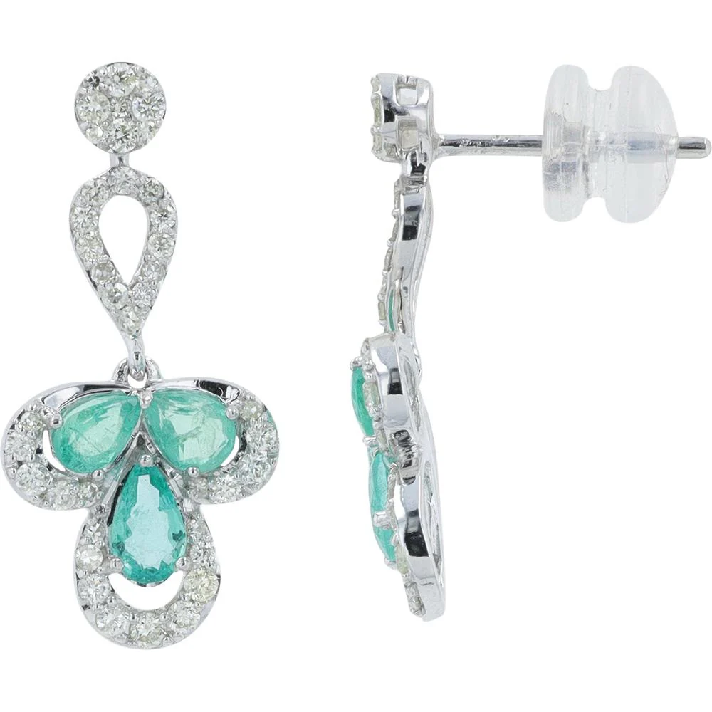 14K White Gold Drop Earrings with Prong Set Pear - Shaped Emeralds and Diamond Halo - 0.90 Carat Total Emerald Weight, 0.50 Carat Total Diamond Weight - Image 2