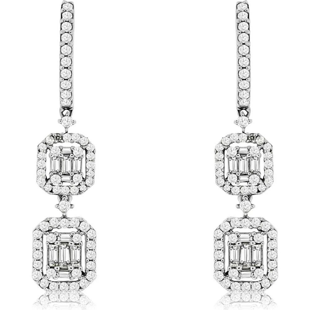 14K White Gold Drop Earrings with Round and Baguette Diamond Illusion Halo Clusters - 1.10 Carat Total Diamond Weight - Royal Jewelry