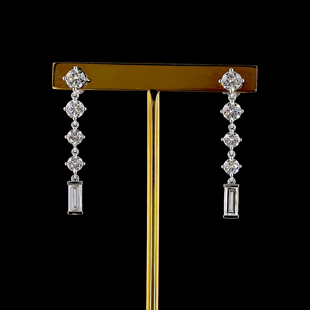 14K White Gold Drop Earrings with Round and Baguette Lab Diamonds - 3.16 Carat Total Weight, E-F VS1 Quality - Covaloro Fine Jewelry
