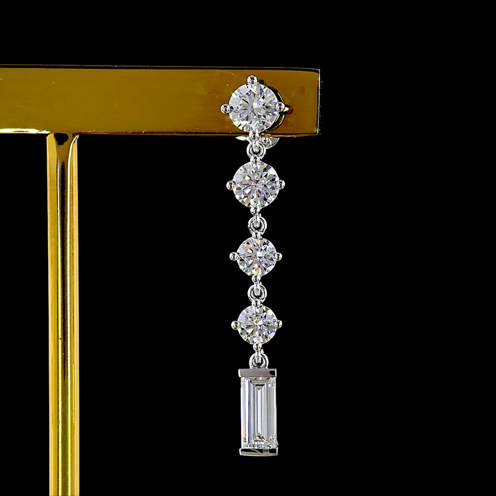 14K White Gold Drop Earrings with Round and Baguette Lab Diamonds - 3.16 Carat Total Weight, E-F VS1 Quality - Covaloro Fine Jewelry - Image 2