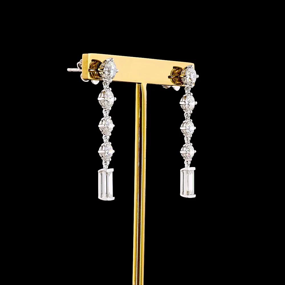14K White Gold Drop Earrings with Round and Baguette Lab Diamonds - 3.16 Carat Total Weight, E-F VS1 Quality - Covaloro Fine Jewelry - Image 3