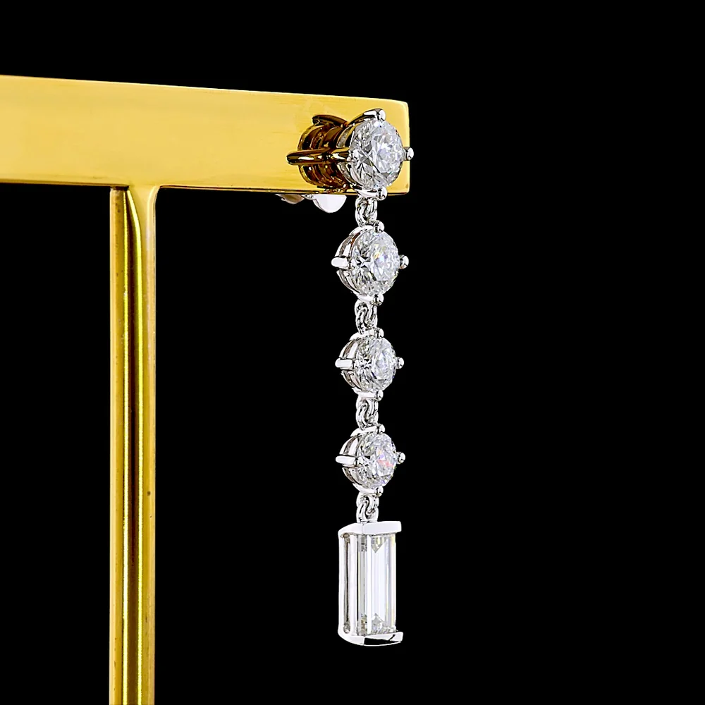 14K White Gold Drop Earrings with Round and Baguette Lab Diamonds - 3.16 Carat Total Weight, E-F VS1 Quality - Covaloro Fine Jewelry - Image 4