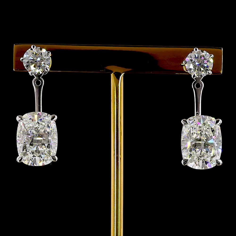 14K White Gold Drop Earrings with Round and Cushion Brilliant Lab Diamonds - 12.29 Carats Total Diamond Weight - Covaloro Fine Jewelry