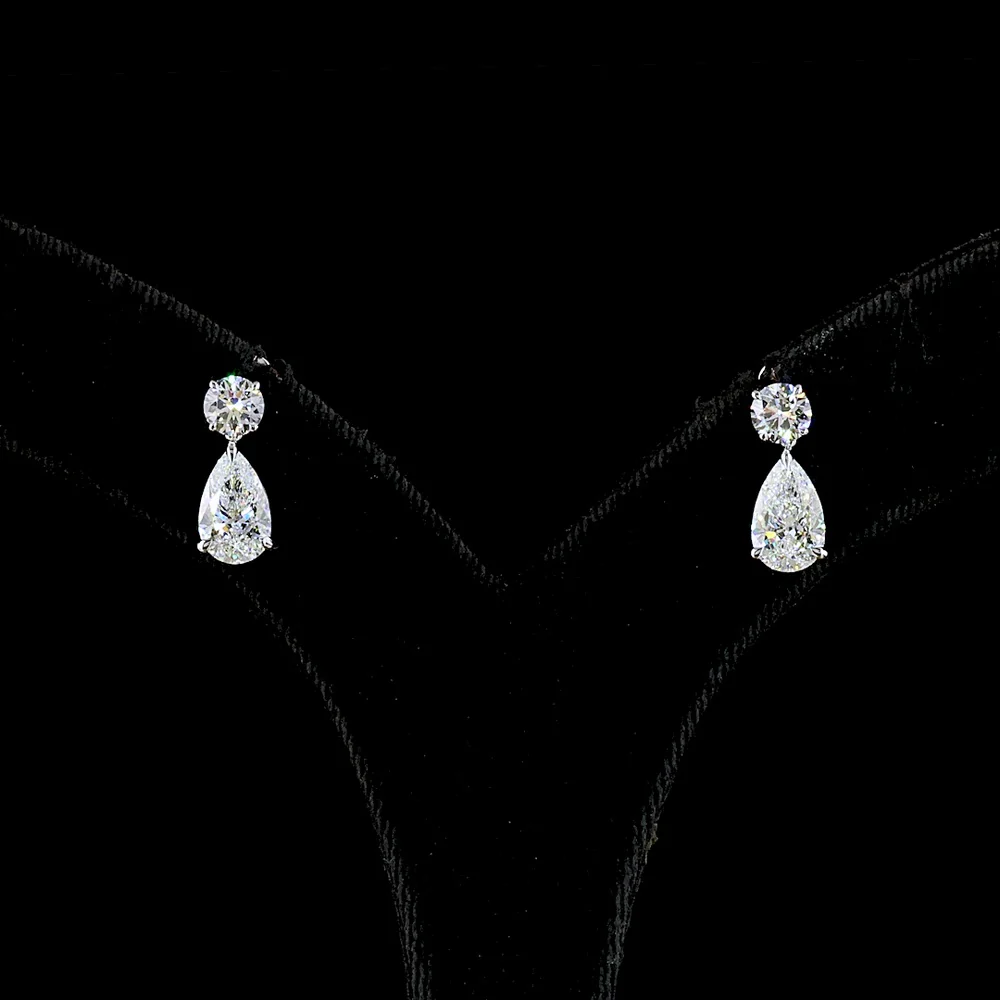 14K White Gold Drop Earrings with Round and Pear Shaped Lab Diamonds - 3.03 Carat Total Weight - Covaloro Fine Jewelry