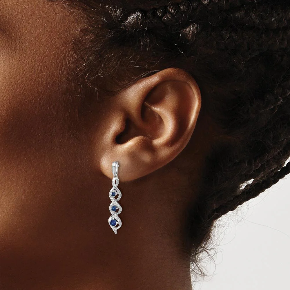 14K White Gold Drop Earrings with Round Blue Sapphires and Diamonds - 0.13 Carat Total Sapphire Weight, 0.24 Carat Total Diamond Weight by Monteluci Fine Jewelry - Image 3