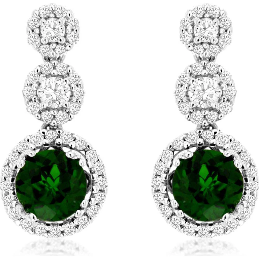 14K White Gold Drop Earrings with Round Russalite and Diamond Halo - 1.55 Carats Total Gem Weight - Royal Jewelry