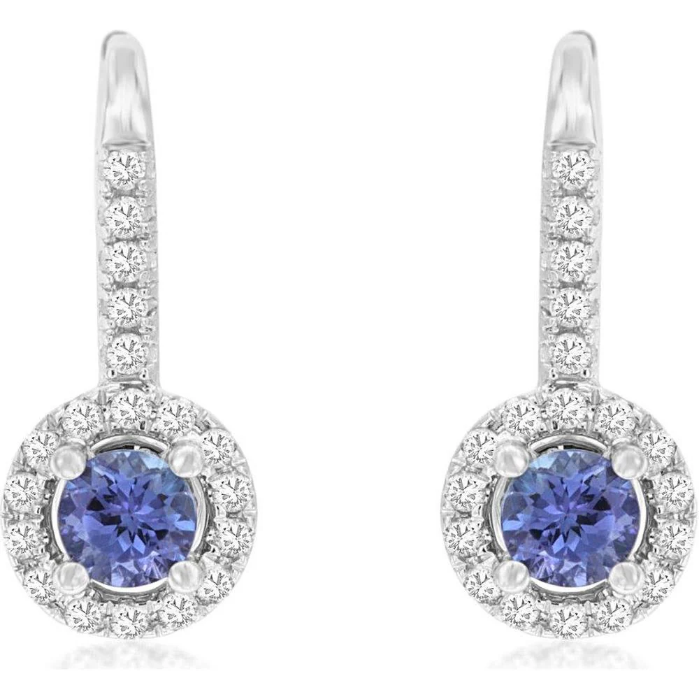 14K White Gold Drop Earrings with Round Tanzanites and Diamond Halos - 0.50 Carat Total Tanzanite Weight and 0.24 Carat Total Diamond Weight - Royal Jewelry