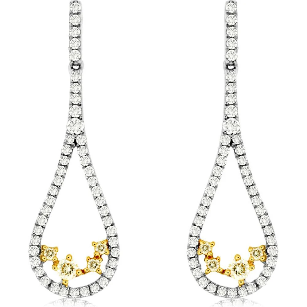 14K White Gold Drop Earrings with Round White Diamonds and Yellow Diamond Accents - 0.56 Carat Total Diamond Weight - Royal Jewelry