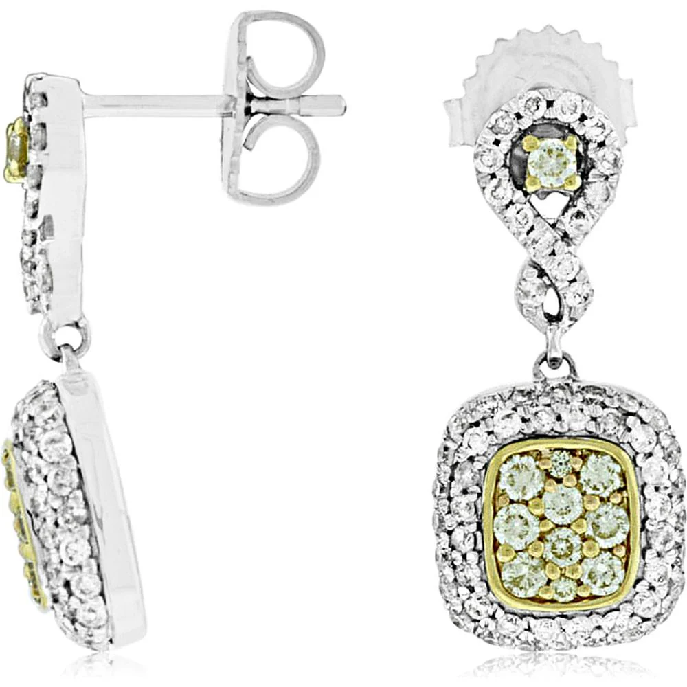 14K White Gold Drop Earrings with Yellow Diamond and White Diamond Halo - 0.76 Carats Total Diamond Weight - Royal Jewelry