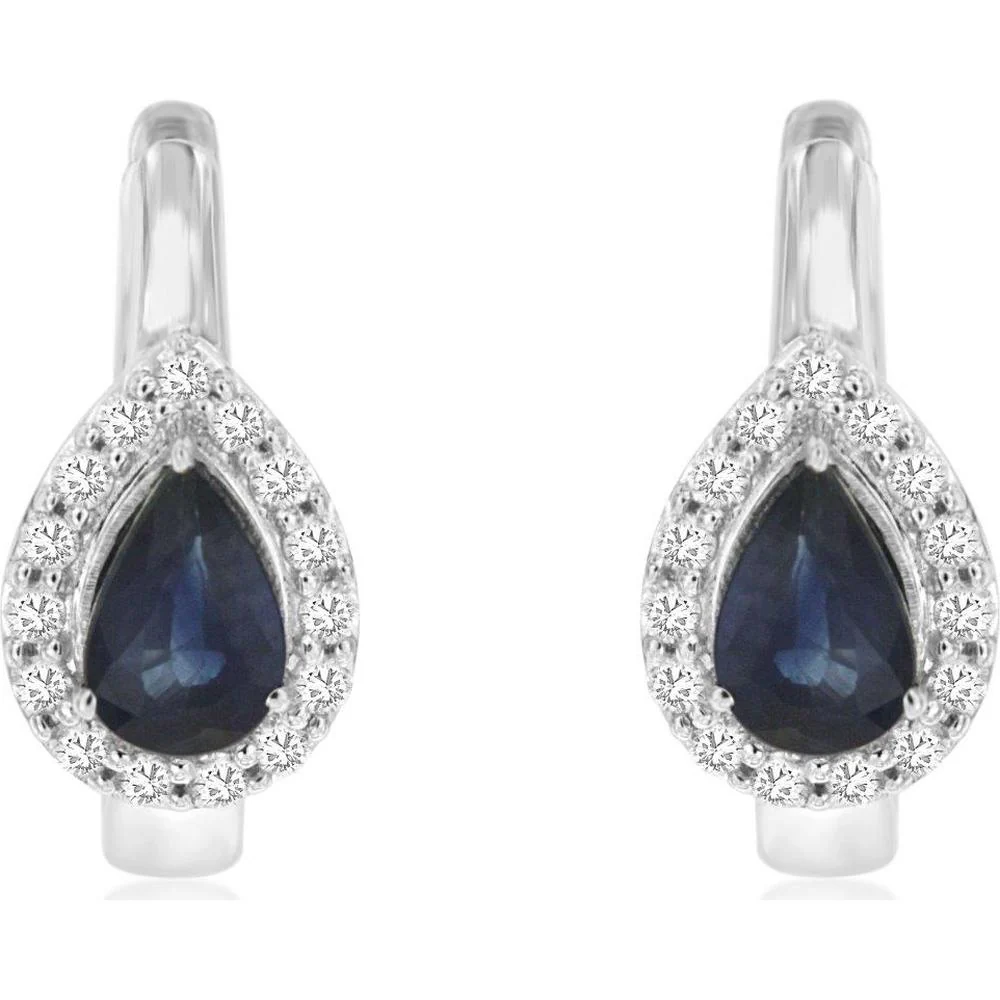 14K White Gold Drop Huggie Earrings with Pear Shaped Sapphires and Round Diamond Halos - 1.06 Carat Total Sapphire Weight, 0.25 Carat Total Diamond Weight - Royal Jewelry