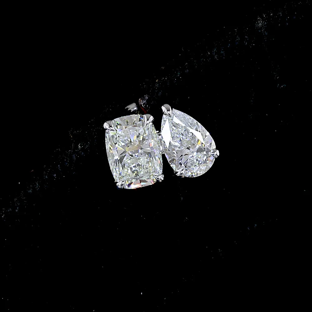 14K White Gold Dual-Shape Stud Earrings with Cushion Brilliant and Pear Lab Diamonds - 2.21 Carat Total Weight - Covaloro Fine Jewelry