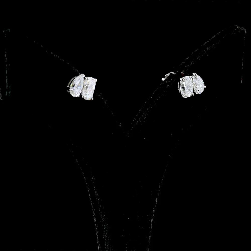 14K White Gold Dual-Shape Stud Earrings with Cushion Brilliant and Pear Lab Diamonds - 2.21 Carat Total Weight - Covaloro Fine Jewelry - Image 2