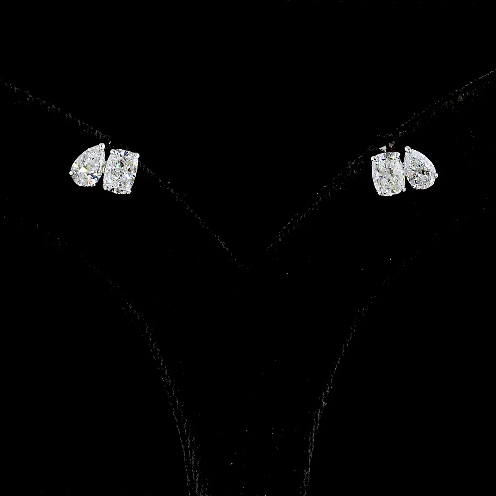 14K White Gold Dual-Shape Stud Earrings with Cushion Brilliant and Pear Lab Diamonds - 2.21 Carat Total Weight - Covaloro Fine Jewelry - Image 4
