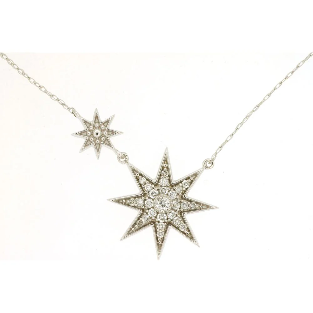 14K White Gold Dual Star Pendant Necklace with Pavé Set Round Diamonds - 0.21 Carat Total Diamond Weight - Royal Jewelry