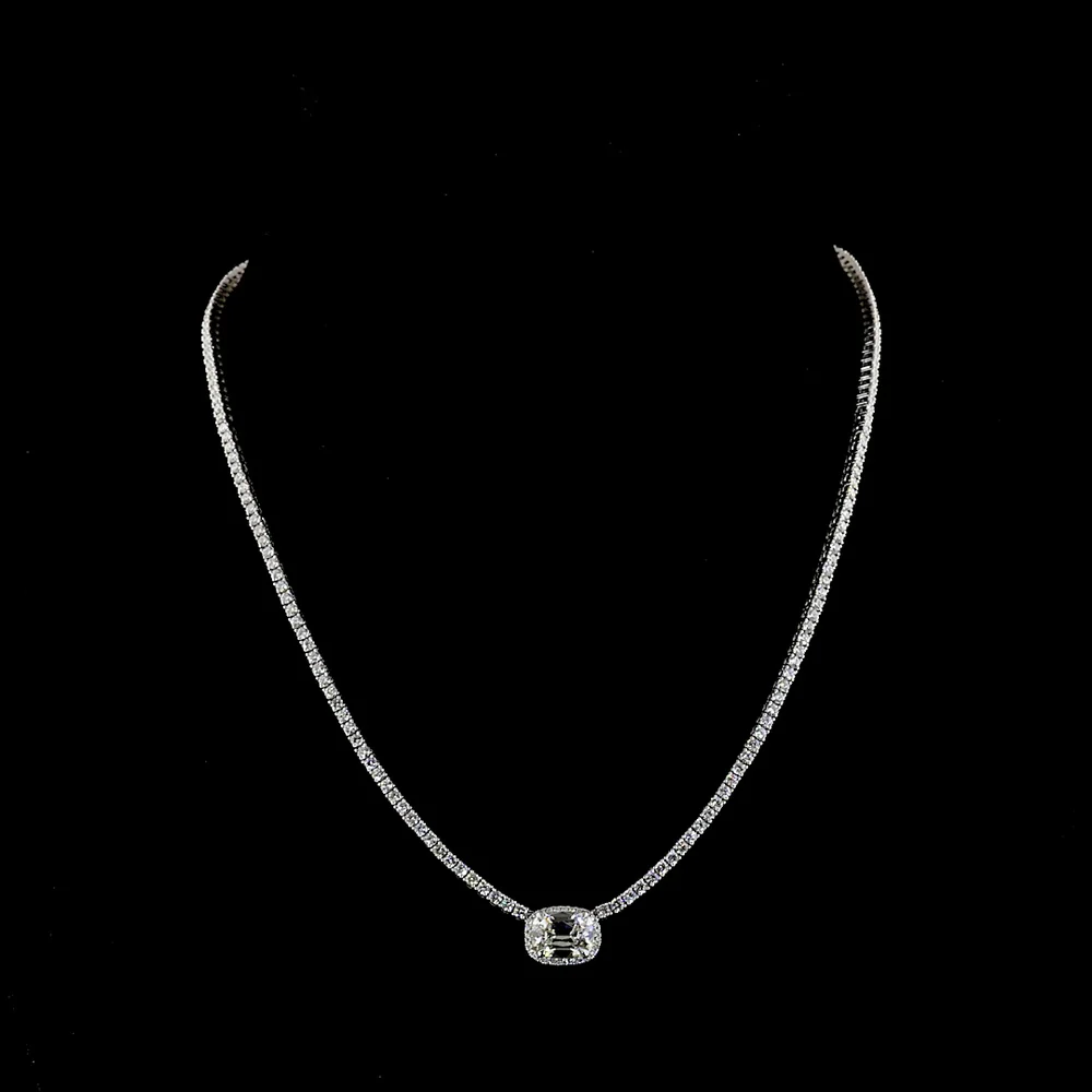 14K White Gold East-West Antique Cushion Cut Diamond Tennis Necklace with Brilliant Round Accents - 7.05 Carats Total Diamond Weight - Covaloro Fine Jewelry