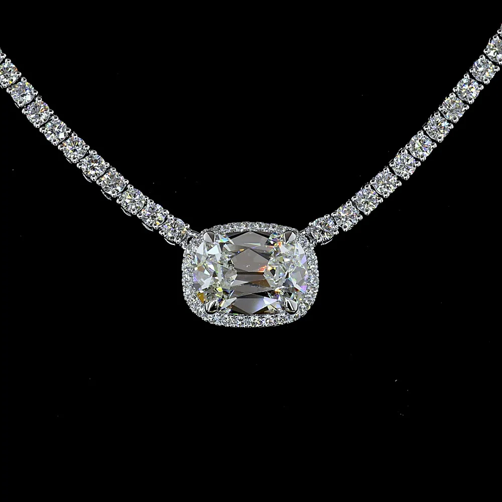14K White Gold East-West Antique Cushion Cut Diamond Tennis Necklace with Brilliant Round Accents - 7.05 Carats Total Diamond Weight - Covaloro Fine Jewelry - Image 2