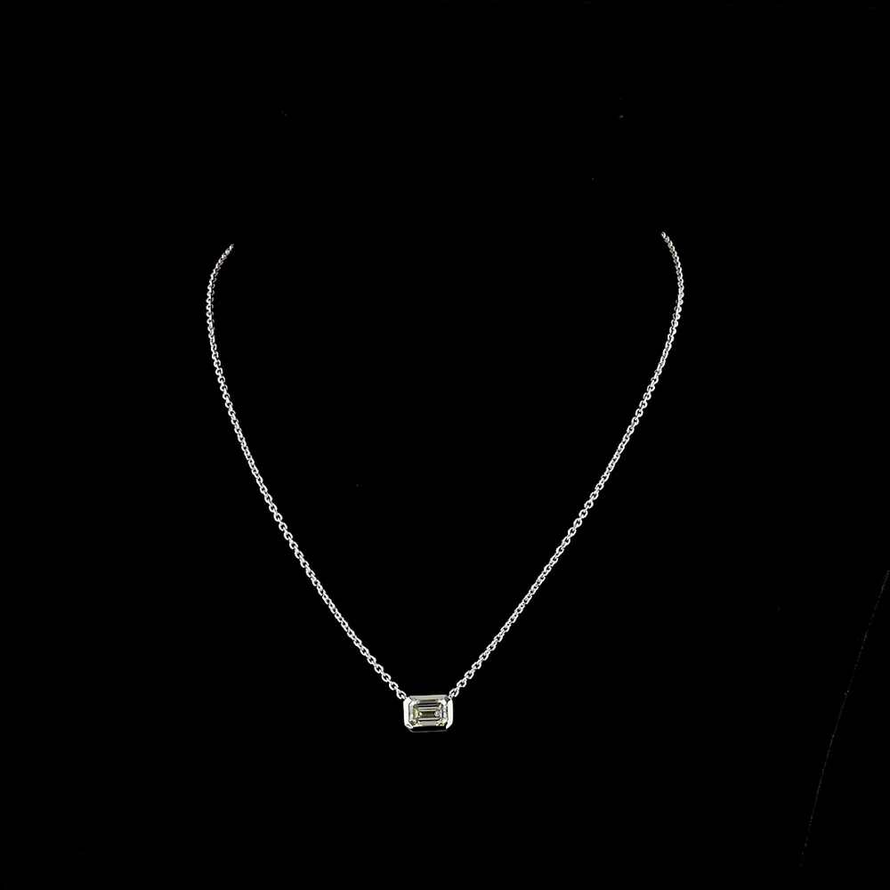 14K White Gold East-West Bezel Set Emerald Cut Lab Diamond Solitaire Necklace - 1.75 Carat Total Diamond Weight - Covaloro Fine Jewelry