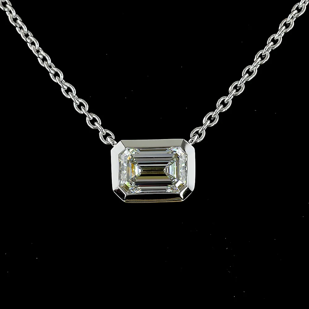 14K White Gold East-West Bezel Set Emerald Cut Lab Diamond Solitaire Necklace - 1.75 Carat Total Diamond Weight - Covaloro Fine Jewelry - Image 2