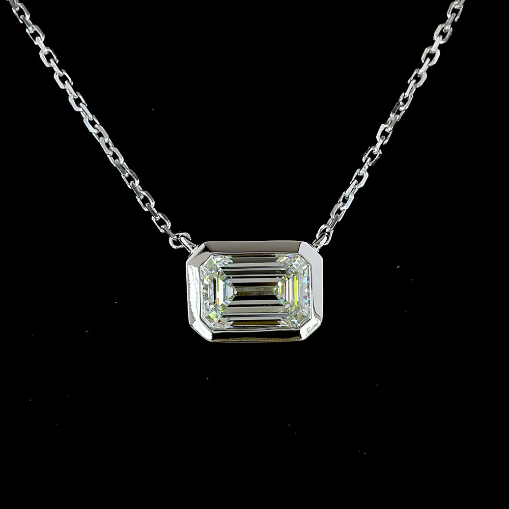 14K White Gold East-West Bezel Set Emerald Cut Lab Diamond Solitaire Pendant - 1.03 Carat, IGI Certified E-F Color - Covaloro Fine Jewelry - Image 2