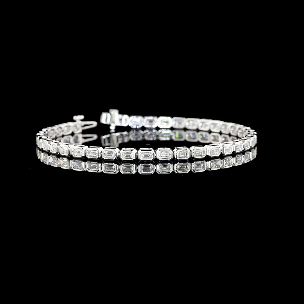 14K White Gold East-West Bezel Set Emerald Cut Lab Diamond Tennis Bracelet - 4.95 Carat Total Weight (39 Stones, E-F VS2) - Covaloro Fine Jewelry