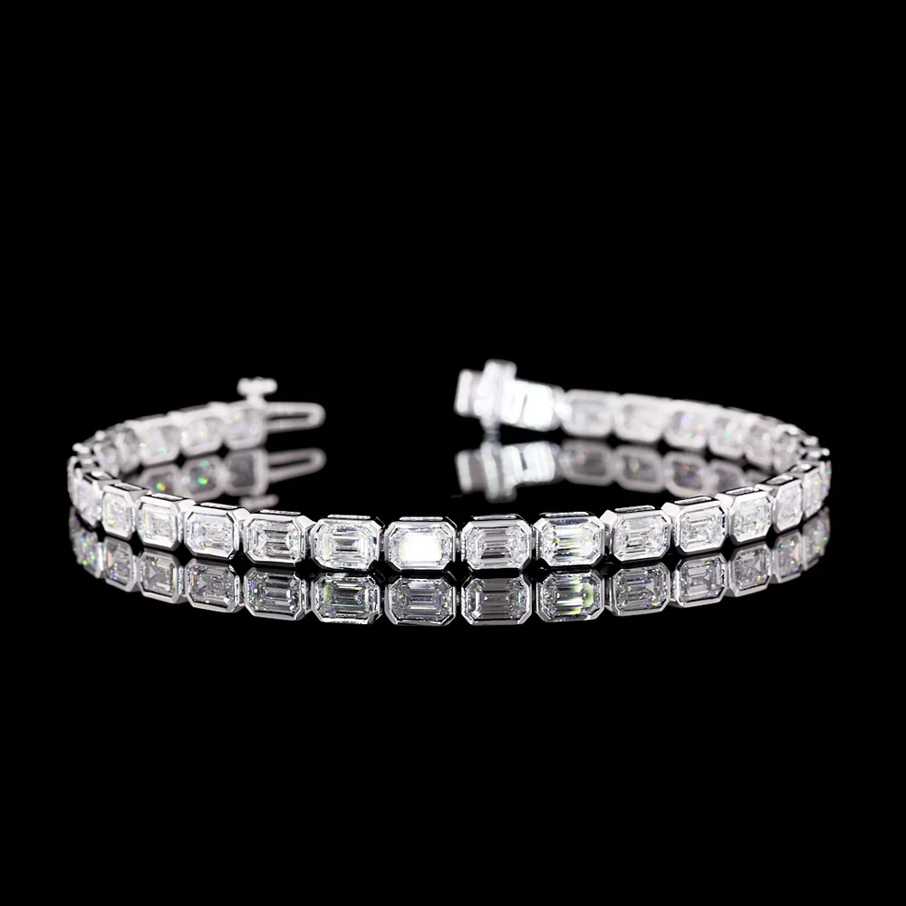 14K White Gold East-West Bezel Set Emerald Cut Lab Diamond Tennis Bracelet - 6.93 Carat Total Weight, 31 Stones, E-F VVS2 - Covaloro Fine Jewelry