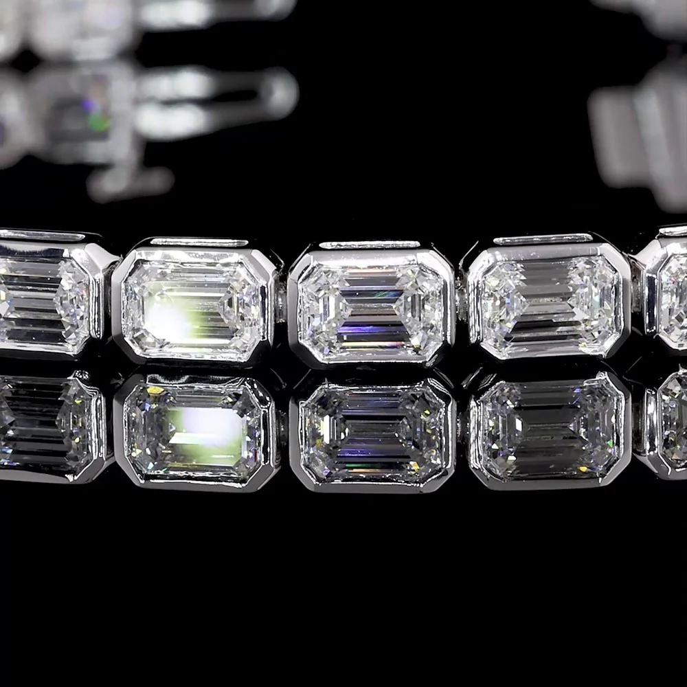 14K White Gold East-West Bezel Set Emerald Cut Lab Diamond Tennis Bracelet - 6.93 Carat Total Weight, 31 Stones, E-F VVS2 - Covaloro Fine Jewelry - Image 3