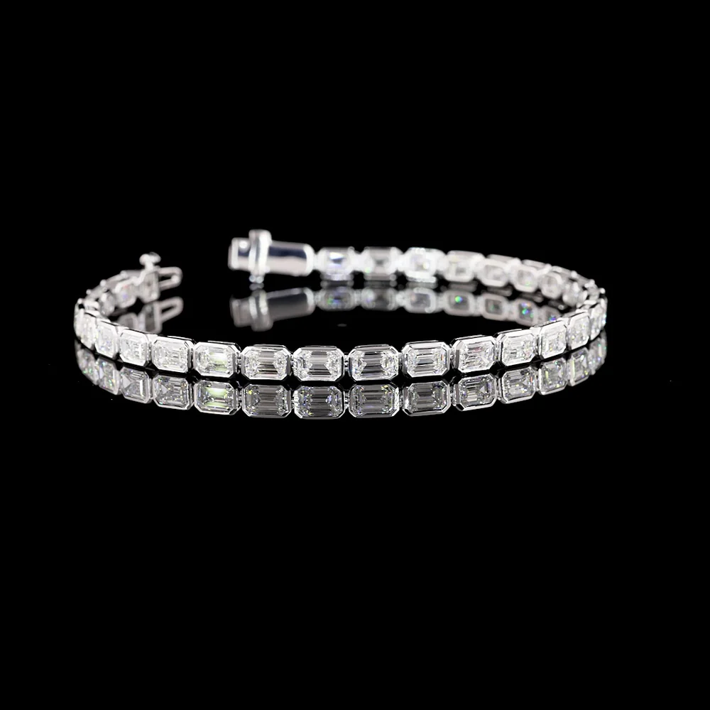 14K White Gold East-West Bezel Set Emerald Cut Lab Diamond Tennis Bracelet - 8.59 Carat Total Weight (D VVS2) - Covaloro Fine Jewelry