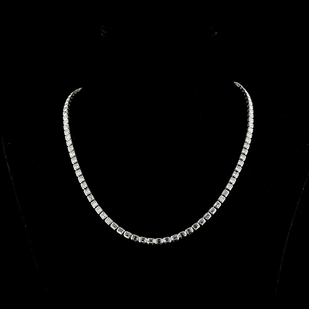 14K White Gold East-West Bezel Set Emerald Cut Lab Diamond Tennis Necklace - 14.52 Carat Total Weight (94 Stones, E-F VS1) - Covaloro Fine Jewelry