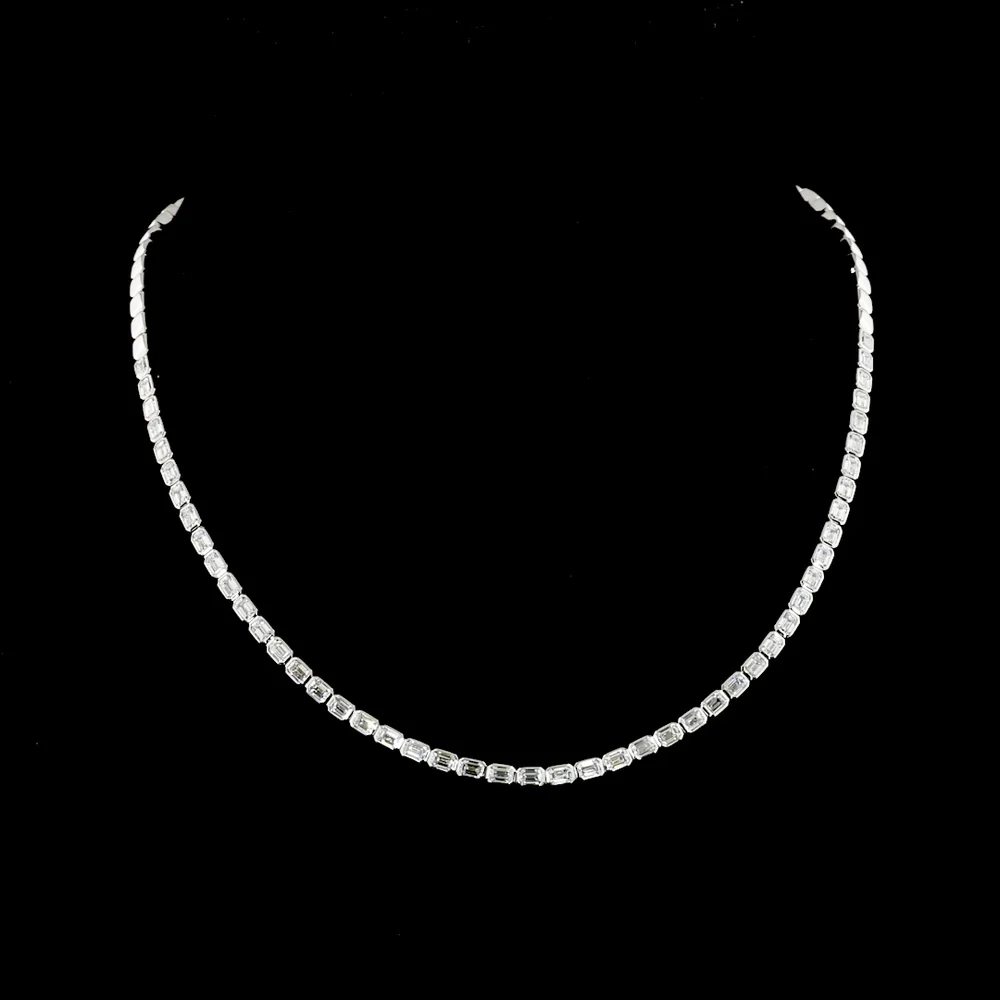 14K White Gold East-West Bezel Set Emerald Cut Lab Diamond Tennis Necklace - 5.44 Carat Total Weight (48 Stones, E-F VS1) - Covaloro Fine Jewelry