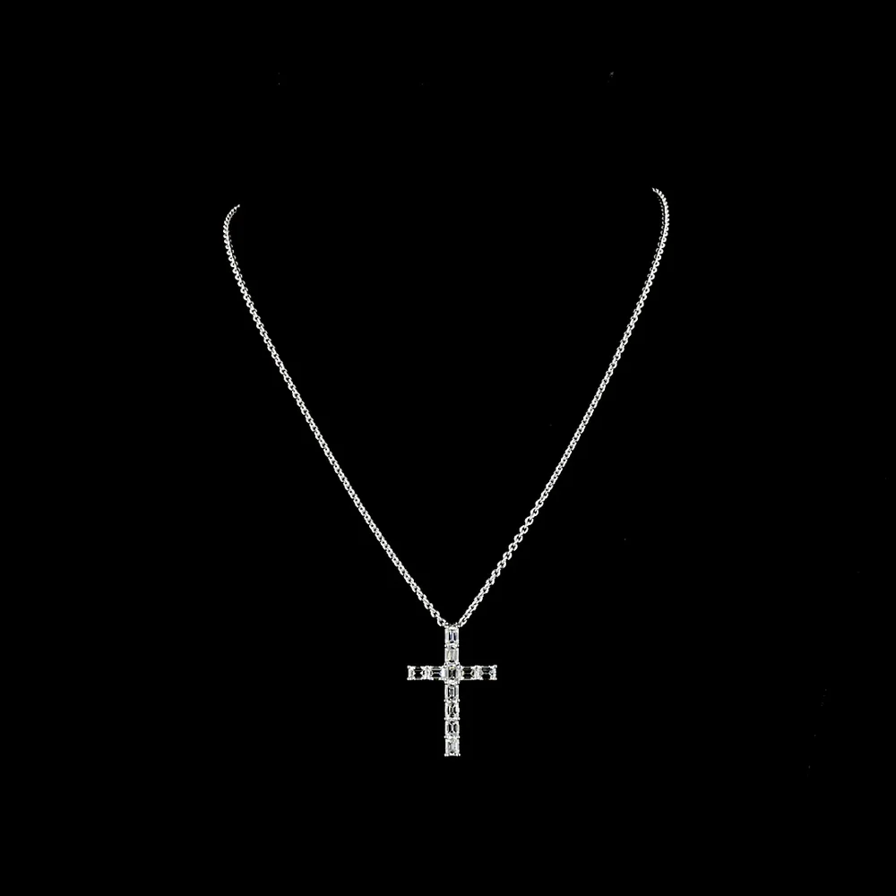 14K White Gold East-West Cross Pendant with 11 Emerald Cut Lab Diamonds - 2.04 Carat Total Weight - Covaloro Fine Jewelry