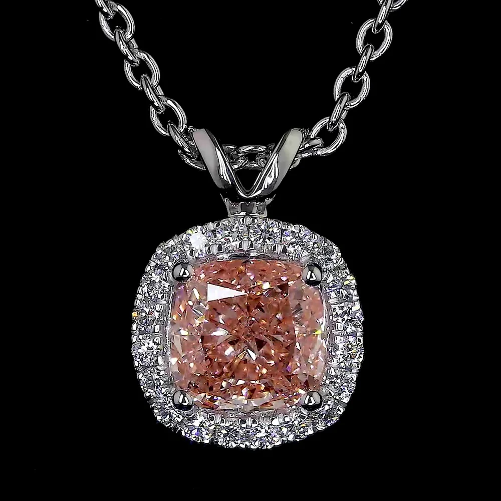 14K White Gold East-West Cushion Modified Halo Pendant with Fancy Orangy Pink Lab Diamond - 1.05 Carats Total Diamond Weight - Covaloro Fine Jewelry - Image 2