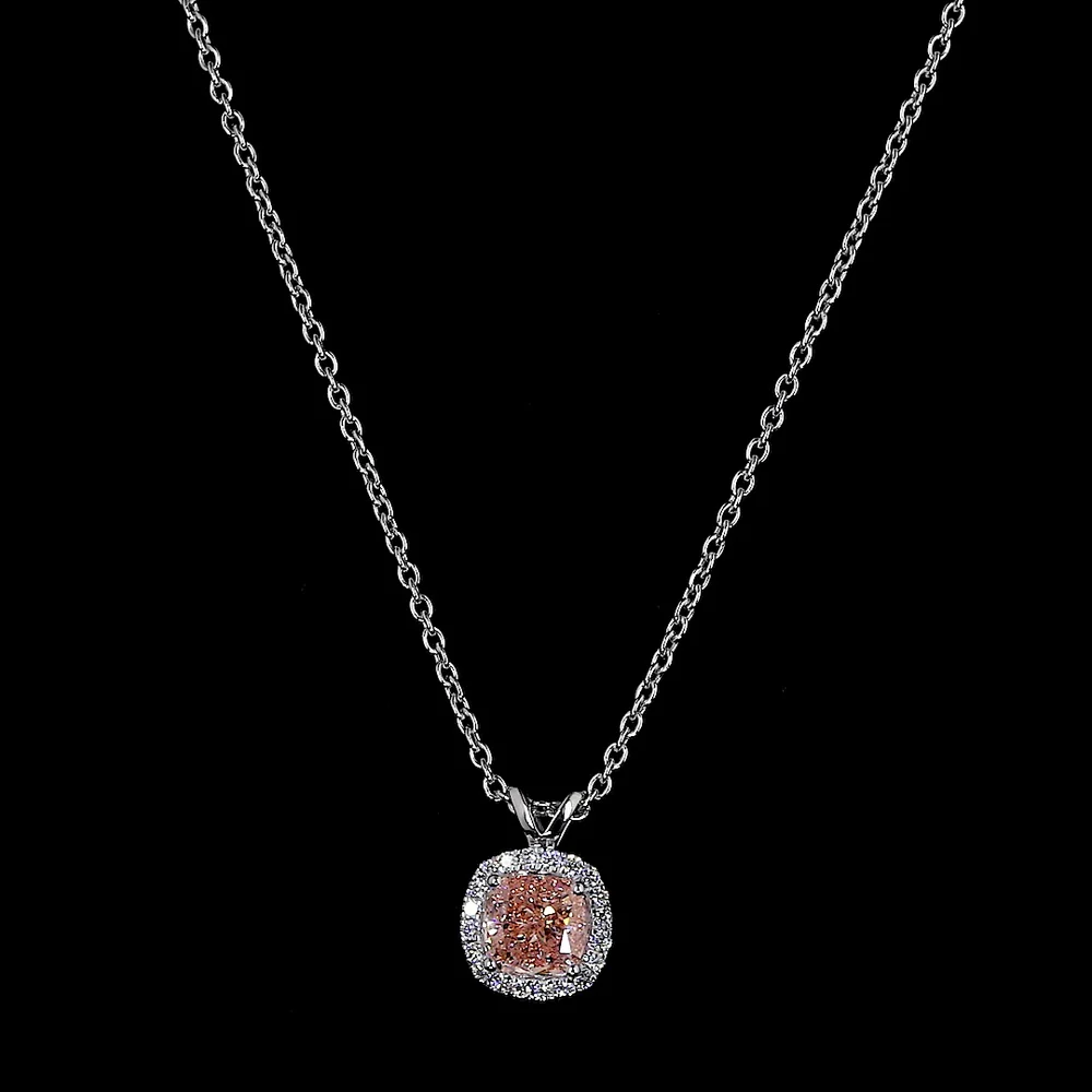 14K White Gold East-West Cushion Modified Halo Pendant with Fancy Orangy Pink Lab Diamond - 1.05 Carats Total Diamond Weight - Covaloro Fine Jewelry - Image 3
