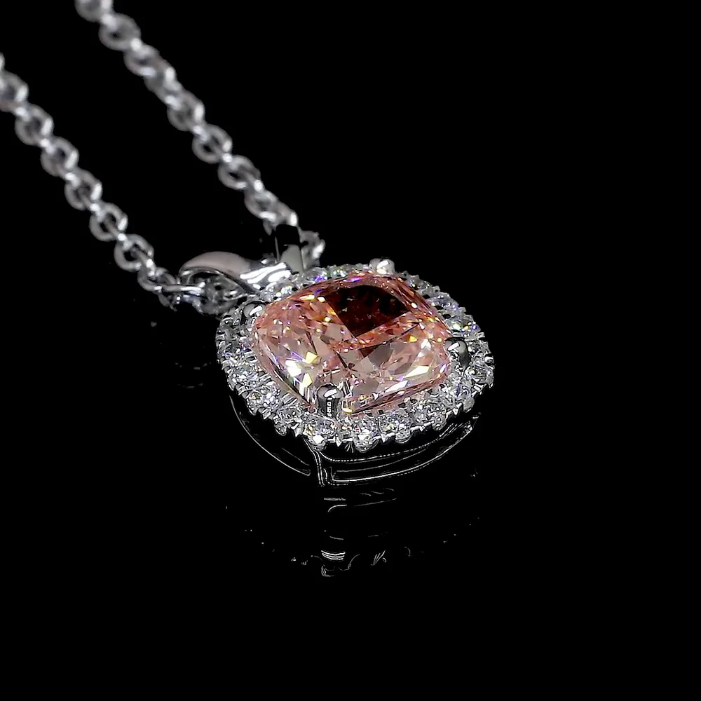 14K White Gold East-West Cushion Modified Halo Pendant with Fancy Orangy Pink Lab Diamond - 1.05 Carats Total Diamond Weight - Covaloro Fine Jewelry - Image 4