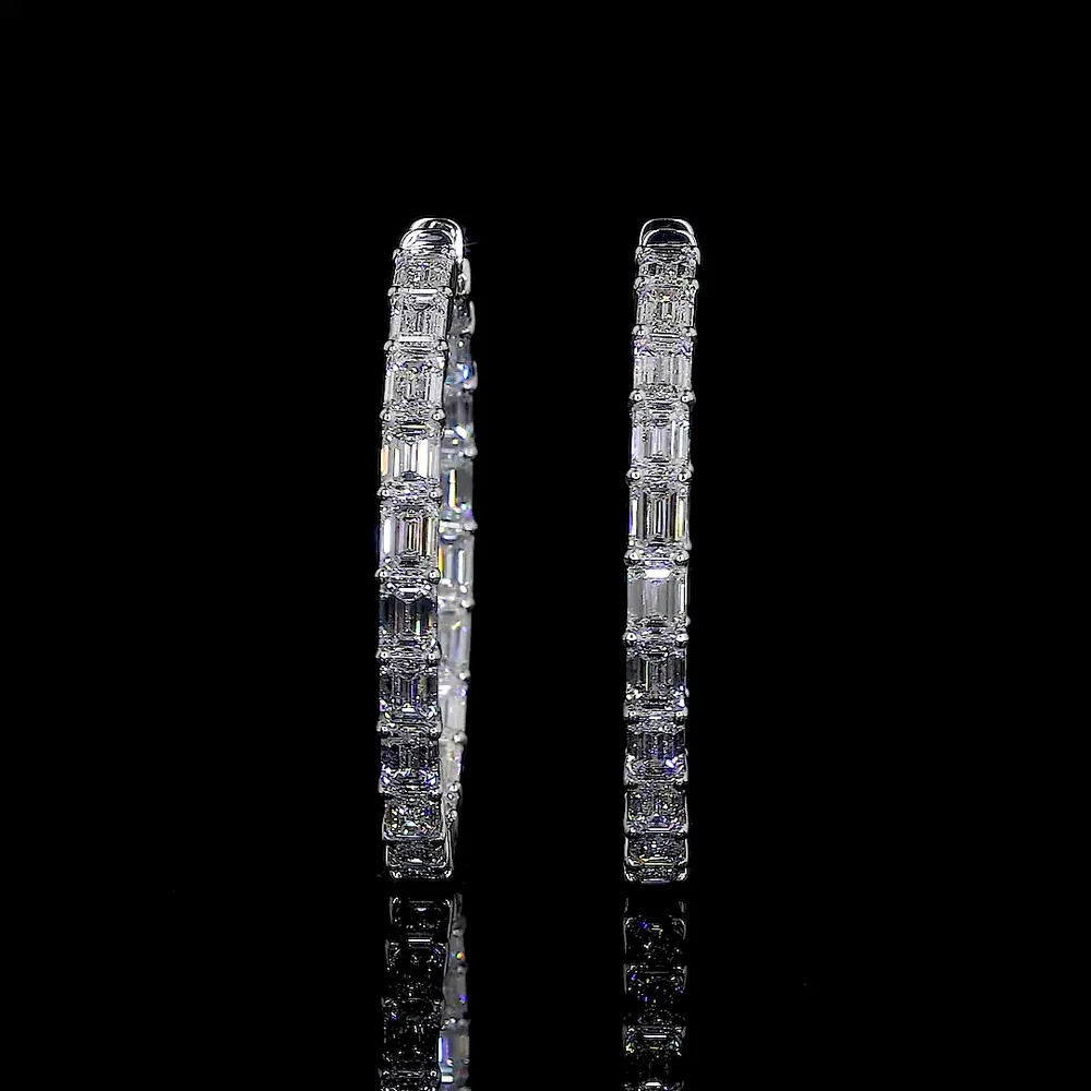 14K White Gold East-West Emerald Cut Lab Diamond Hoop Earrings - 40 Stones, 12.45 Carat Total Weight, F VVS1 - Covaloro Fine Jewelry