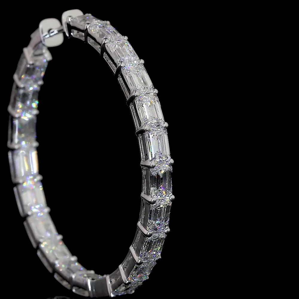 14K White Gold East-West Emerald Cut Lab Diamond Hoop Earrings - 40 Stones, 12.45 Carat Total Weight, F VVS1 - Covaloro Fine Jewelry - Image 2