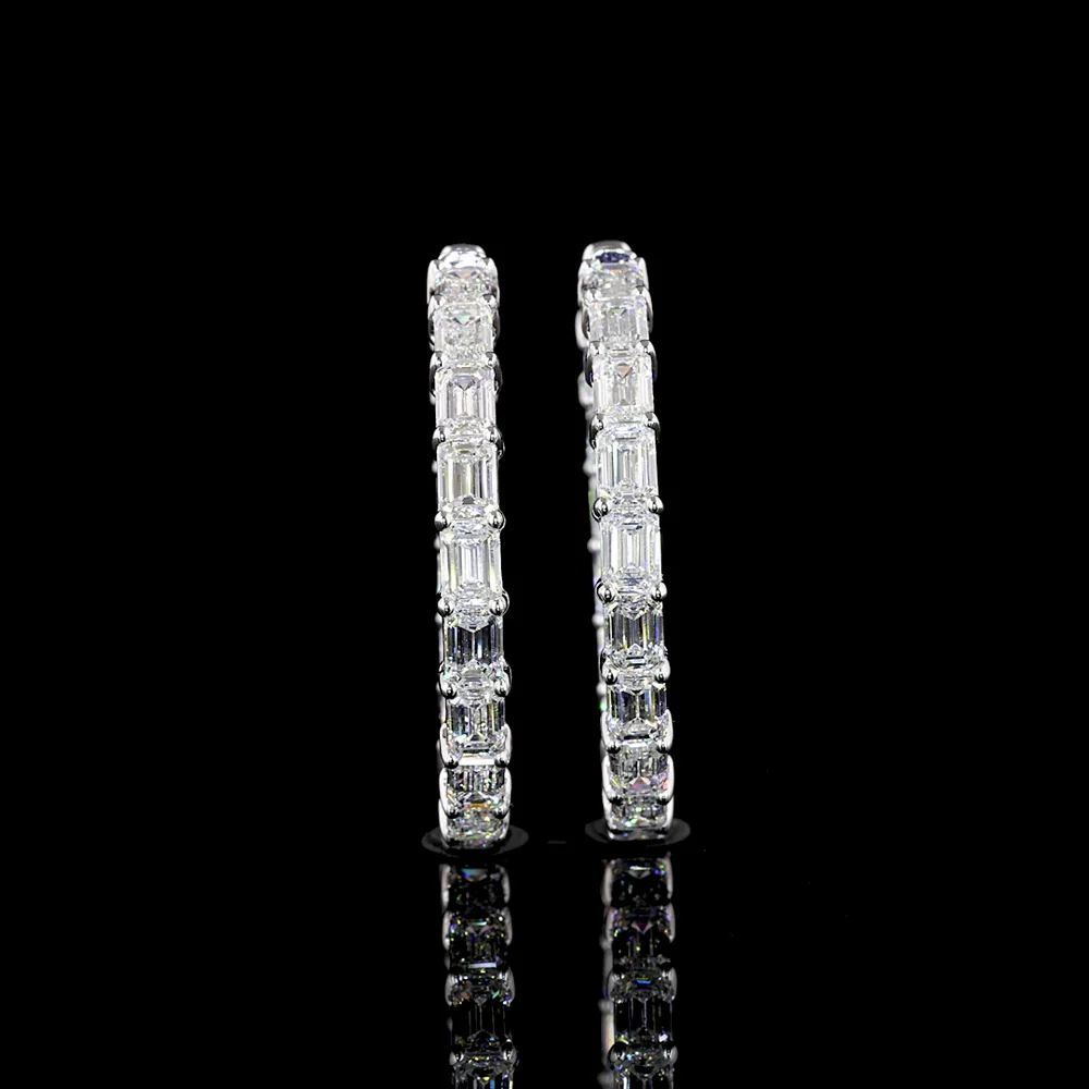 14K White Gold East-West Emerald Cut Lab Diamond Hoop Earrings - 7.12 Carat Total Weight, 34 Stones, E-F Color VS1 Clarity - Covaloro Fine Jewelry