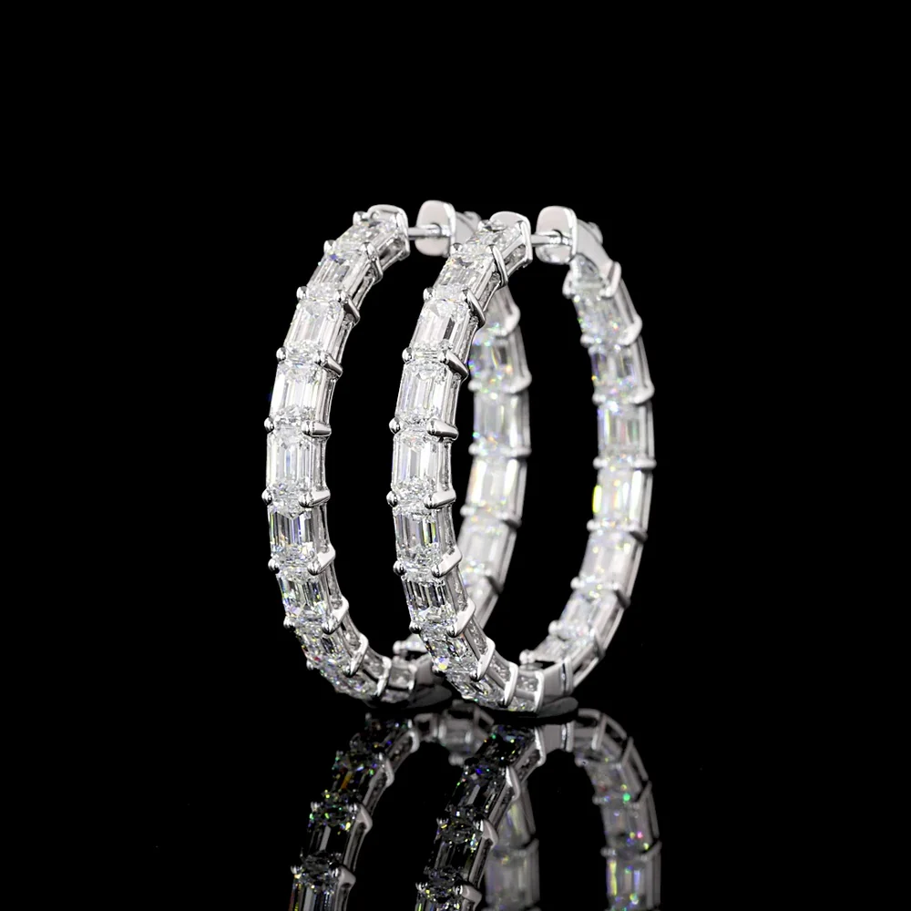 14K White Gold East-West Emerald Cut Lab Diamond Hoop Earrings - 7.12 Carat Total Weight, 34 Stones, E-F Color VS1 Clarity - Covaloro Fine Jewelry - Image 3