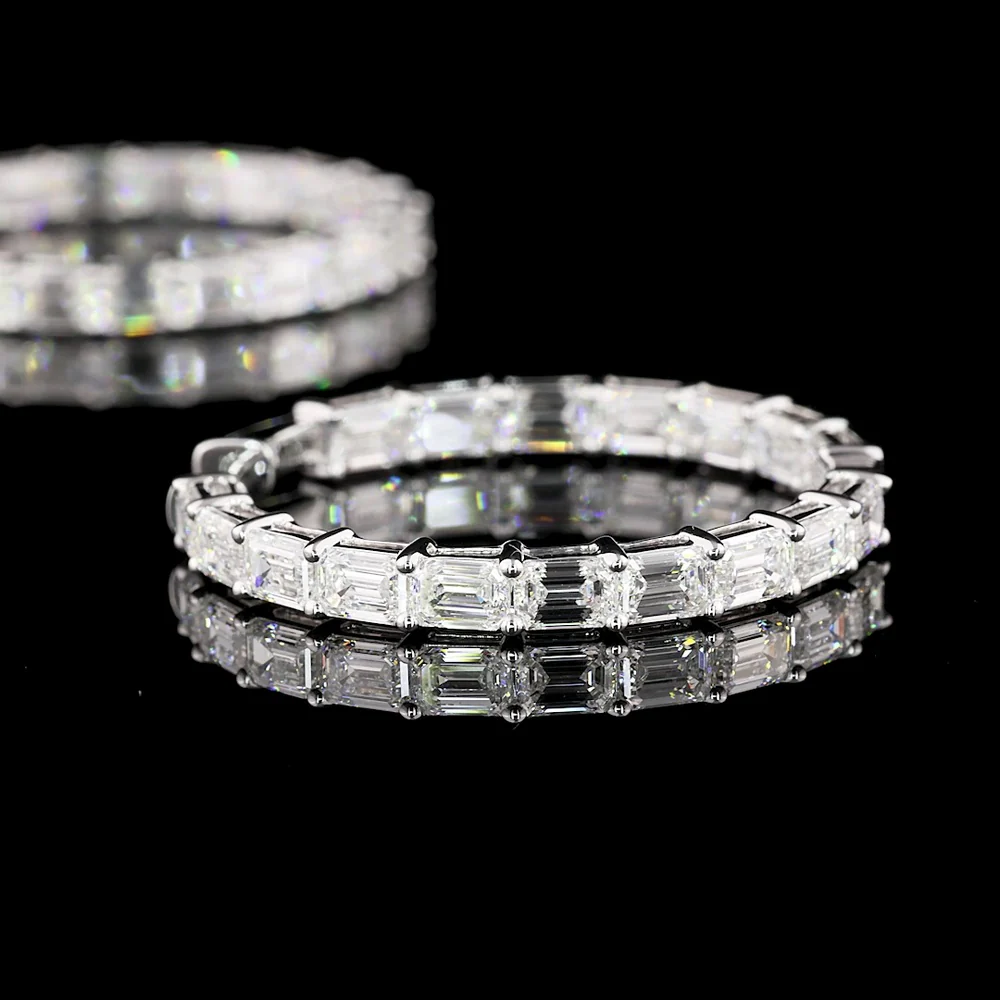 14K White Gold East-West Emerald Cut Lab Diamond Hoop Earrings - 7.12 Carat Total Weight, 34 Stones, E-F Color VS1 Clarity - Covaloro Fine Jewelry - Image 4