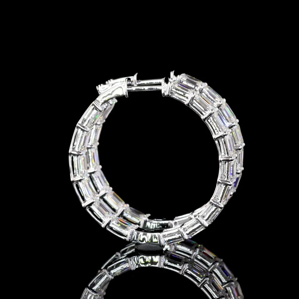 14K White Gold East-West Emerald Cut Lab Diamond Hoop Earrings - 7.89 Carats Total Diamond Weight (E-F Color, VS1 Clarity) - Covaloro Fine Jewelry
